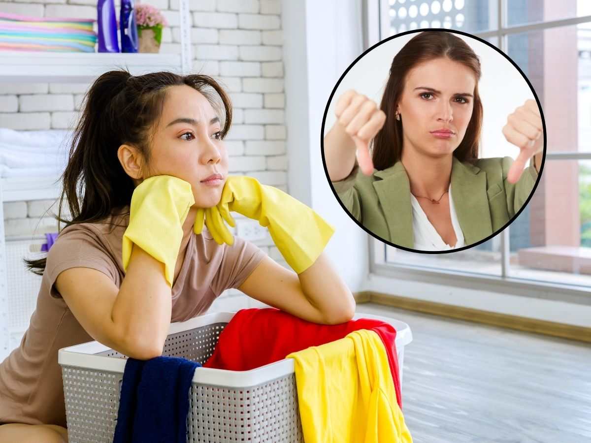 sfondo donna che lava panni e tondo con donna che abbassa i pollici