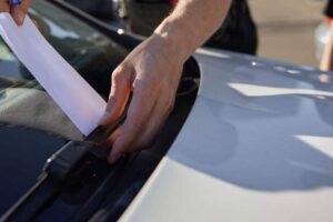 Parabrezza e persona che lascia un foglio
